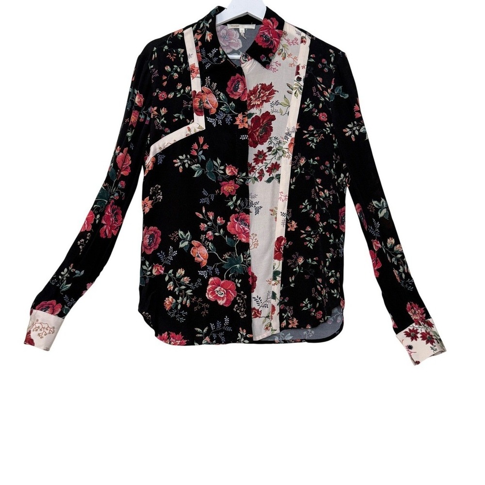 Maje Womens Patchwork Floral Print Colorblock Button Down Blouse Size S Boho